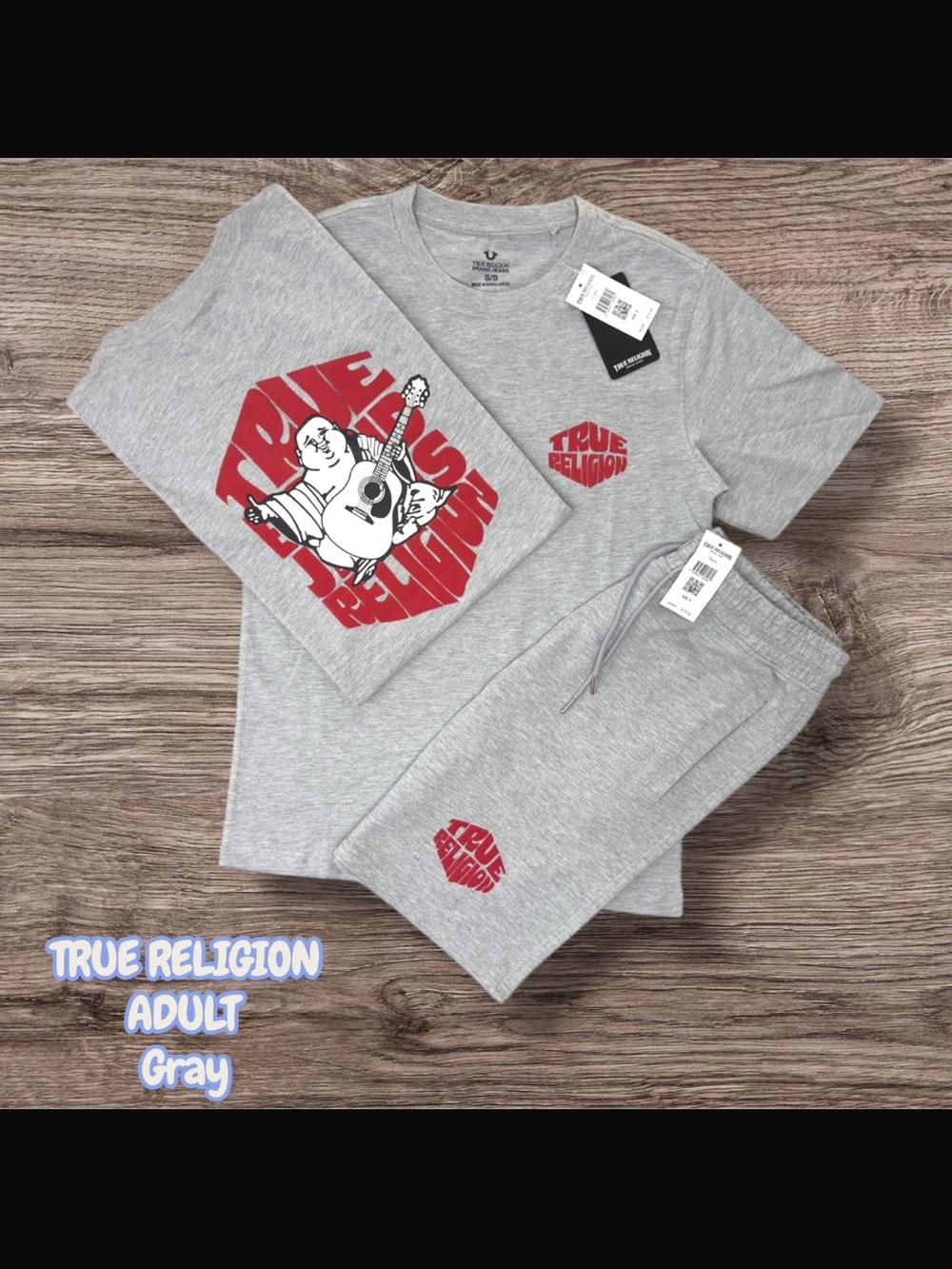 True Religion Gray Tee and Sweatshorts Set with Red Logo